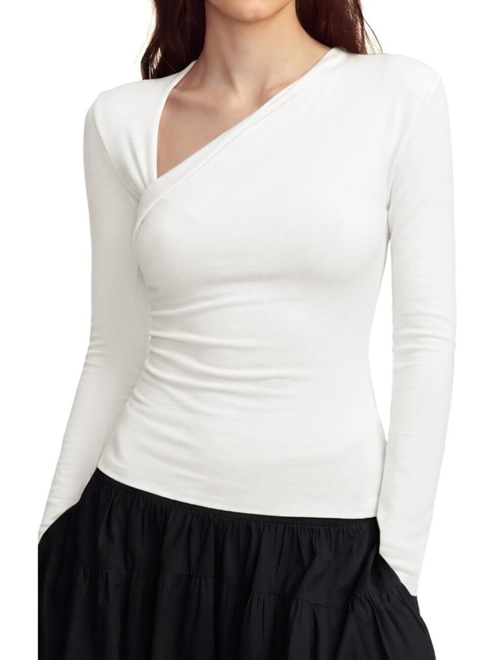 Women's White Long Sleeve Asymmetric Neck Modal Cashmere Casual Tops Shirts